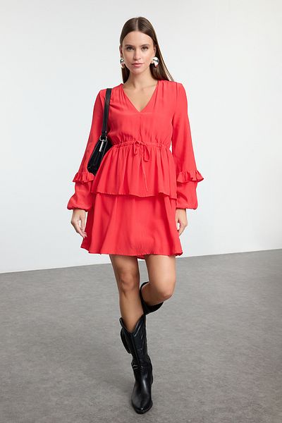 Trendyol Collection Red More Sustainable Straight Cut Wide Fit Mini Woven Dress Twoaw25El00564