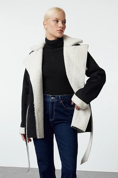 Trendyol Collection Plush Detailed Oversize Suede Coat - Belted, Black Twoaw25Mo00123
