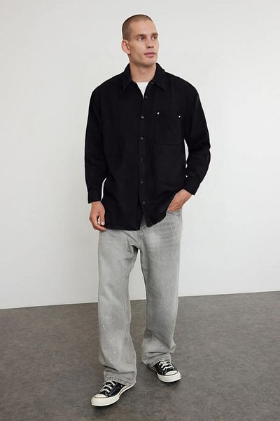 Trendyol Collection Черна зимна текстурирана риза с надпис Tmnaw25Go00005