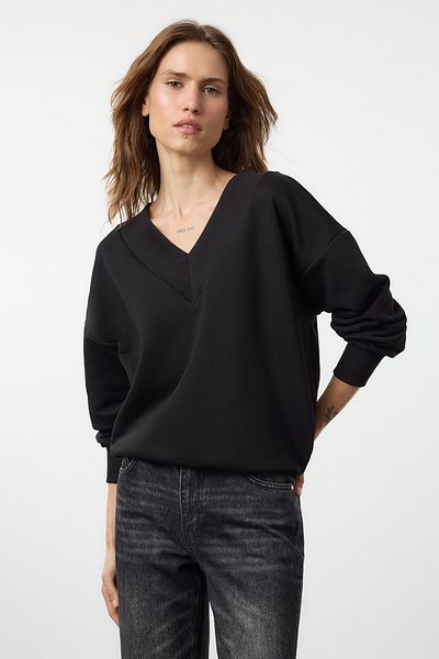 Trendyol Collection Schwarzes Oversize-Sweatshirt mit dickem V-Ausschnitt – TWOAW25SW00147