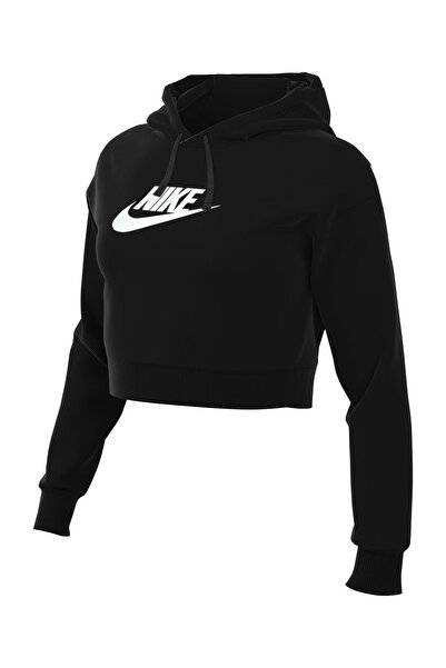 Nike Siyah Kadın Kapüşonlu Baskılı Sweatshirt DQ5850 010 W NSW CLUB FLC GX CROP H