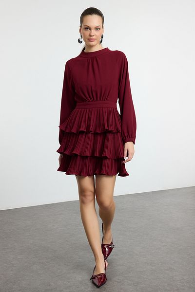 Trendyol Collection Μίνι φόρεμα μπορντό με όρθιο γιακά - Πλισέ και ανοιγόμενο στη μέση Μοντέλο Twoaw25el00253