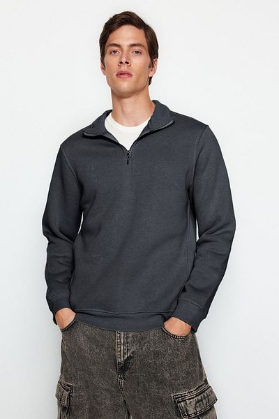Trendyol Collection Ανθρακί κανονική/κανονική κοπή με φερμουάρ γιακάς Keep Warm Basic φούτερ TMNAW24SW00041