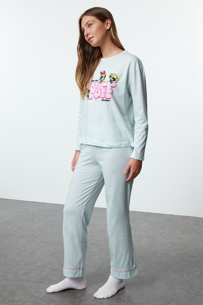 Trendyol Collection Powerpuff Girls kék kötött pizsama szett - 100% pamut THMAW25PT00157