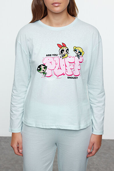 Trendyol Collection Powerpuff Girls kék kötött pizsama szett - 100% pamut THMAW25PT00157