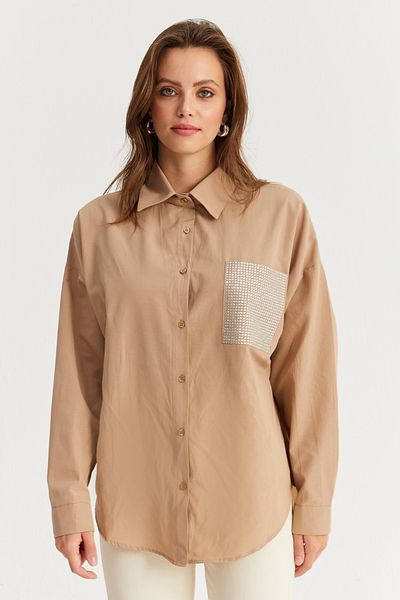 Cool & Sexy Beige Stoned Women's Shirt with Pockets - Zer414