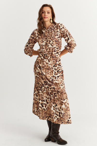 Cool & Sexy Camel-Black Patterned Flounce Maxi Women's Dress - Yle14