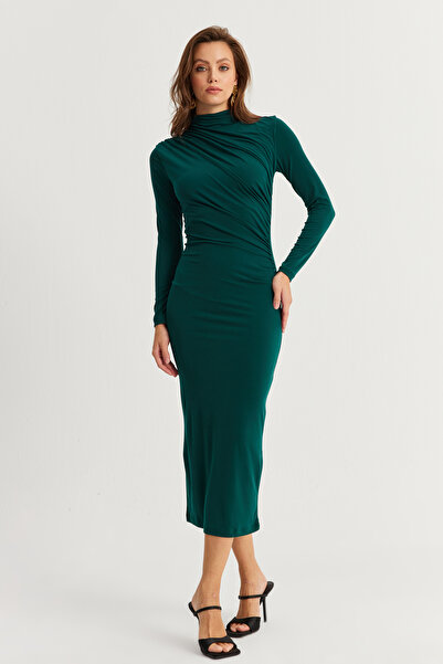 Cool & Sexy Kadın Zümrüt Yeşil Drape Maxi Elbise DMR377