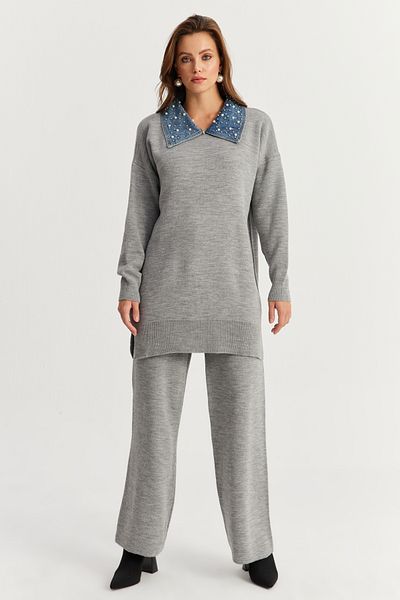 Cool & Sexy Gray Denim Collared Pearl Women's Knitwear Suit - Nuv22