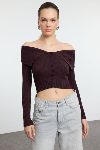 Trendyol Collection Dark Brown Mercerized Look Crop Premium Yarn/Special Yarn Knitwear Cardigan Twoaw25Hi00095