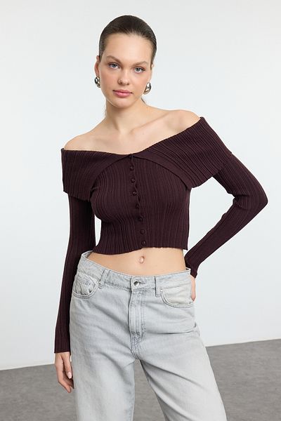 Trendyol Collection Dark Brown Mercerized Look Crop Premium Yarn/Special Yarn Knitwear Cardigan Twoaw25Hi00095