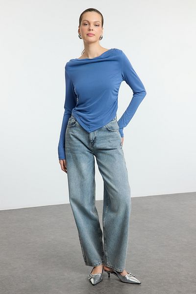Trendyol Collection Indigo Modal Fabric - Ασύμμετρη μπλούζα με λαιμόκοψη και ντραπέ με επένδυση TWOAW25BZ00031
