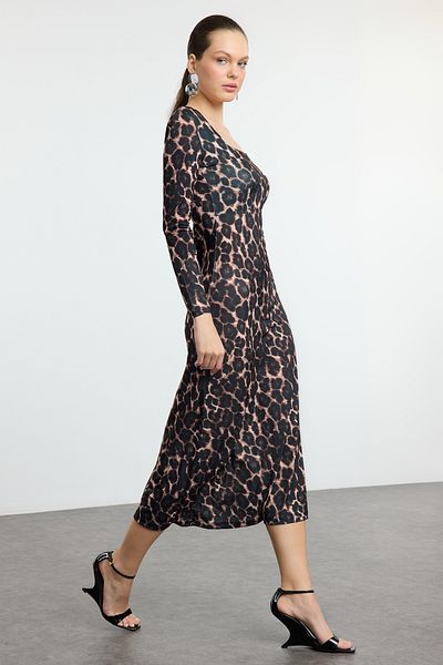 Trendyol Collection Leopard Print Stretchy Maxi Φόρεμα - Καφέ, Flounced, Εφαρμόζεται στο σώμα TWOAW24EL00613