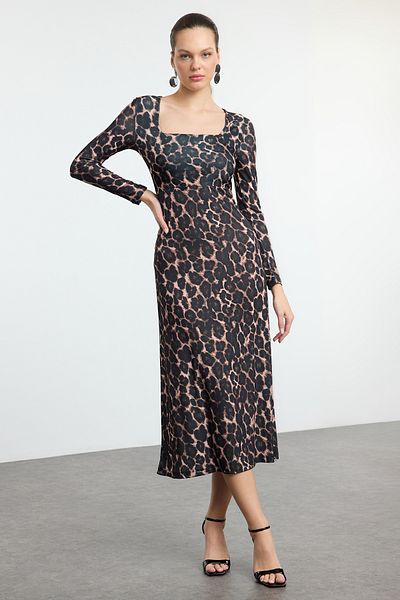 Trendyol Collection Leopard Print Stretchy Maxi Φόρεμα - Καφέ, Flounced, Εφαρμόζεται στο σώμα TWOAW24EL00613