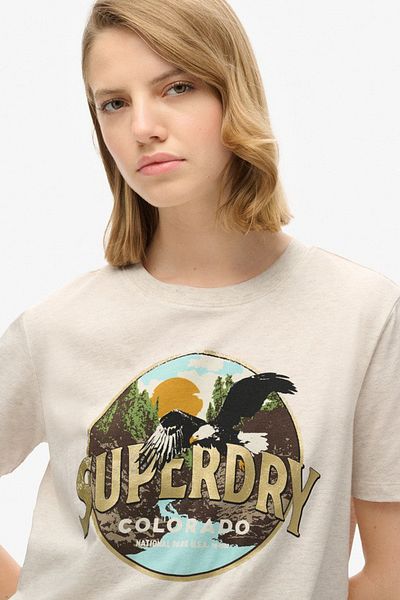 SUPERDRY Einzelne bequeme Typenoberfläche – Reise-Souvenir-T-Shirt