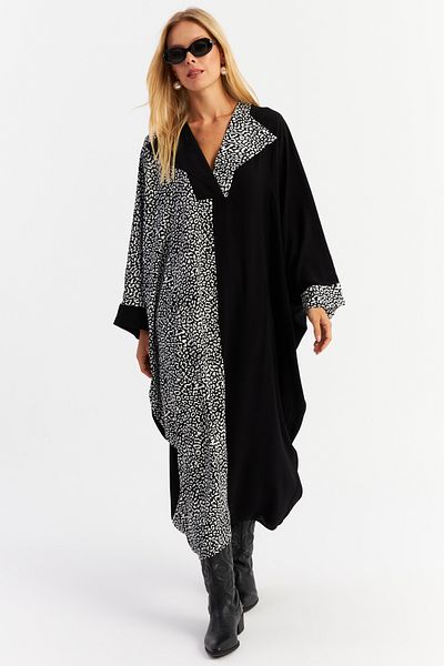 Cool & Modest Leopard Blocked Black Maxi Dámské šaty - Ecru Malo15