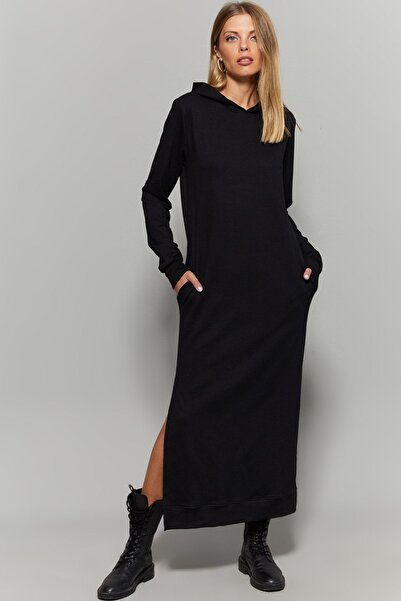 Cool & Modest Black Double Slit Hooded Maxi Dress Mey1111