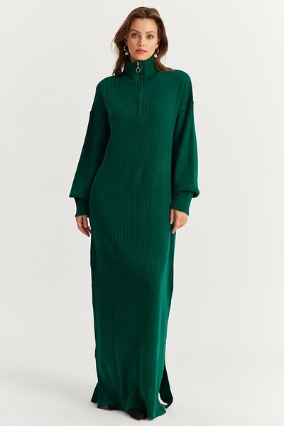Cool & Modest فستان نسائي طويل منسوج بسحاب باللون الأخضر الزمردي - MNUV10