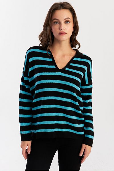 Cool & Modest Pulover de tricotaj pentru damă cu guler polo - negru/turcoaz SE01