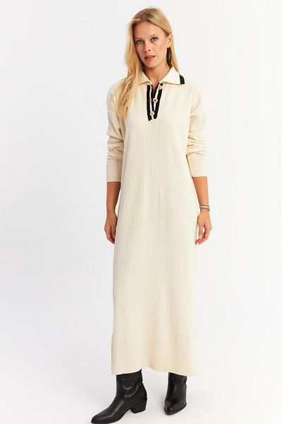 Cool & Modest Ecru Polo Neck Γυναικείο Πλεκτό Μάξι Φόρεμα - MNUV17