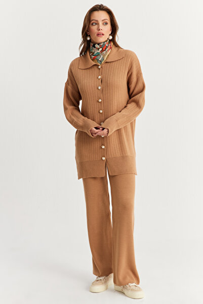 Cool & Modest Camel Women's Cardigan and Knitwear Set - Pearl Buttoned Mnuv26