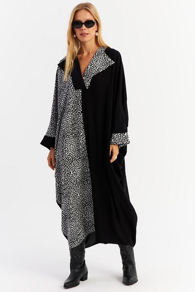 Cool & Modest Leopard Blocked Black Maxi Dámské šaty - Ecru Malo15