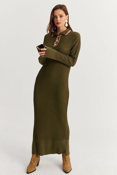 Cool & Modest Χακί Χρώμα Polo Neck Maxi Knitwear Γυναικείο Φόρεμα - MNUV17