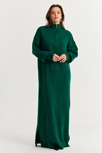 Cool & Modest Σμαραγδί πράσινο πλεκτό μάξι γυναικείο φόρεμα με φερμουάρ - MNUV10