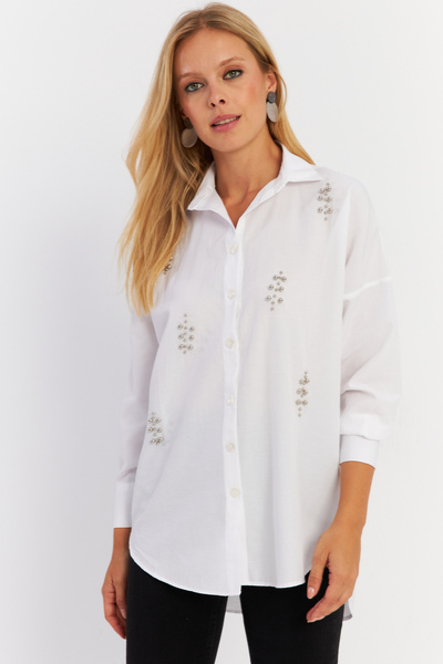 Cool & Modest White Studded Women's Shirt - Masf1