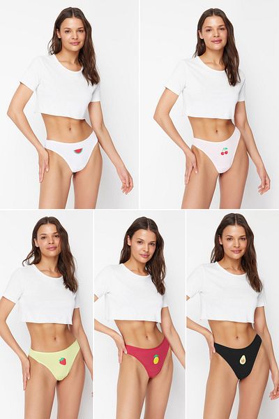Trendyol Collection 5er-Pack Tangas aus Baumwolle mit Fruchtaufdruck - Mehrfarbig THMSS24KU00031