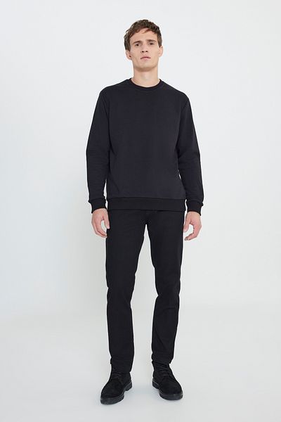 AC&Co / Altınyıldız Classics Pánská černá mikina z bavlny se 3 vlákny Crew Neck – standardní střih