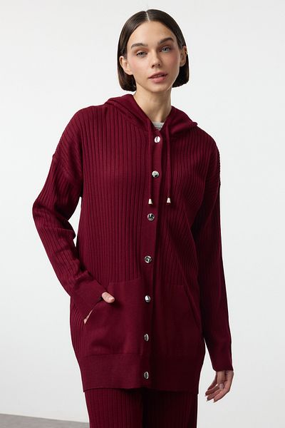 Trendyol Modest Burgunderrotes, übergroßes Strick-Oberteil-Set mit Kapuze TCTAW25US00022
