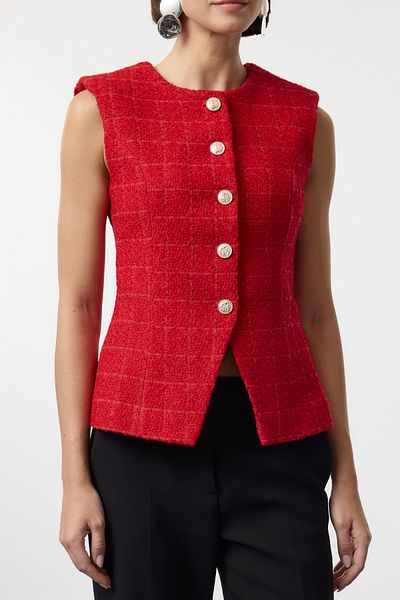Trendyol Collection Rote Tweed-Weste mit Rundhalsausschnitt – TWOAW25YE00059
