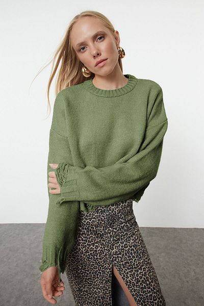 Trendyol Collection Khaki szuperszéles kötöttáru pulóver - puha textúra, vágott TWOAW24KZ00319