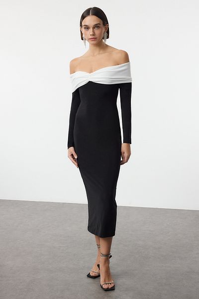 Trendyol Collection Carmen Neckline Black-White Knitted Evening Dress - Tpraw25El00134