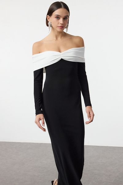 Trendyol Collection Carmen Neckline Black-White Knitted Evening Dress - Tpraw25El00134