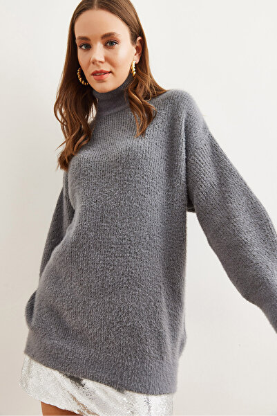 Olalook Anthrazitfarbene Rollkragenpullover für Damen mit weichem, strukturiertem Bart, Strick-Tunika TNK- 19000098