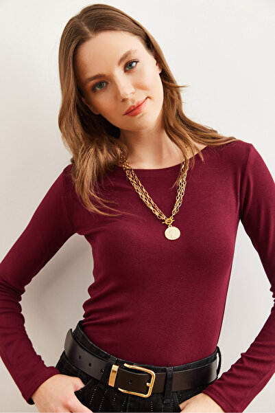 Olalook Kadın Bordo Kayık Yaka Soft Touch Basic Esnek Bluz BLZ-19002774