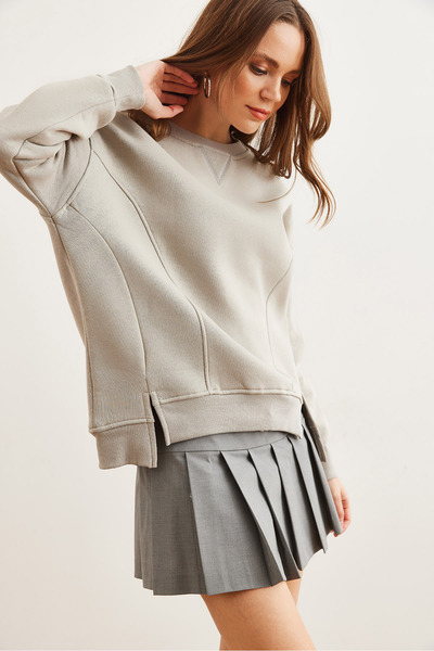 Olalook Hanorac de damă cu guler gri delfin cu cusături detaliate cu fantă detaliată SWT- 19000682