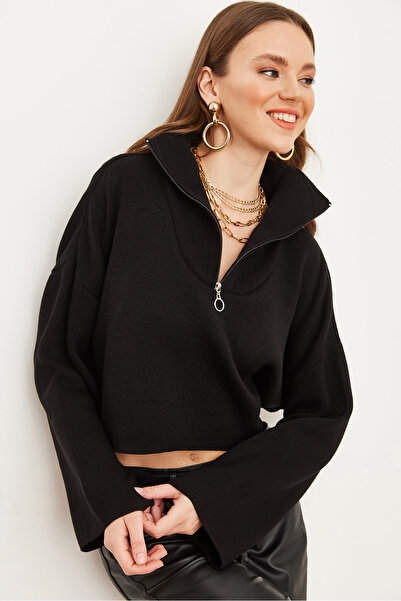 Olalook Pulover de damă, negru, cu fermoar, cu guler ridicat, tricotaj, KZK- 19000854