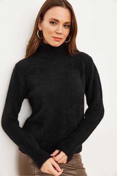 Olalook Pulover de damă negru cu gât țesut cu textura moale și barbă KZK- 19000861