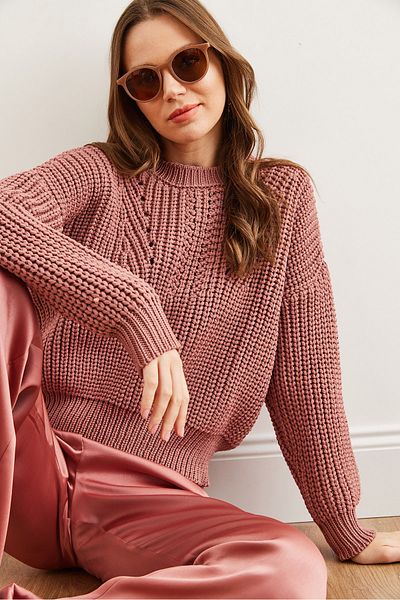 Olalook Damen-Pullover Dusty Rose mit Rundhalsausschnitt, dick gestrickt, locker gestrickt, KZK- 19000856