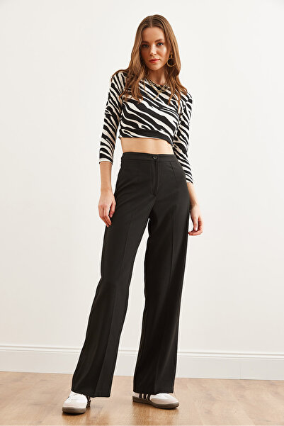 Olalook Kadın Siyah Tek Düğmeli Poliviskon Palazzo Pantolon PNT-19000296