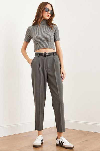 Olalook Damen-Hose mit geräuchertem Gürtel und Tasche, einzelne Falte, Polybiskon, Karotte, PNT- 19000297