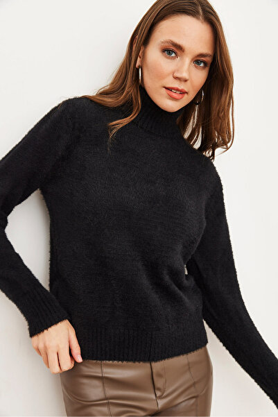Olalook Pulover de damă negru cu gât țesut cu textura moale și barbă KZK- 19000861