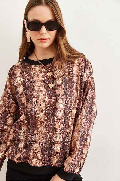 Olalook Дамски ежедневен суичър с мека текстура Snake Brown Basic Swt- 19000457
