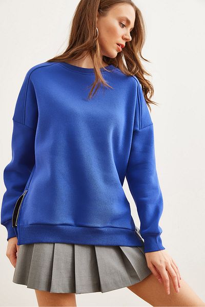 Olalook Saks Blue Fleece Zippered Thick Women's Sweatshirt - Swt- 19000624