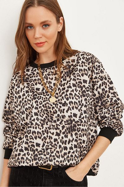 Olalook Jemná mikina s leopardím vzorom Ecru - Swt- 19000457