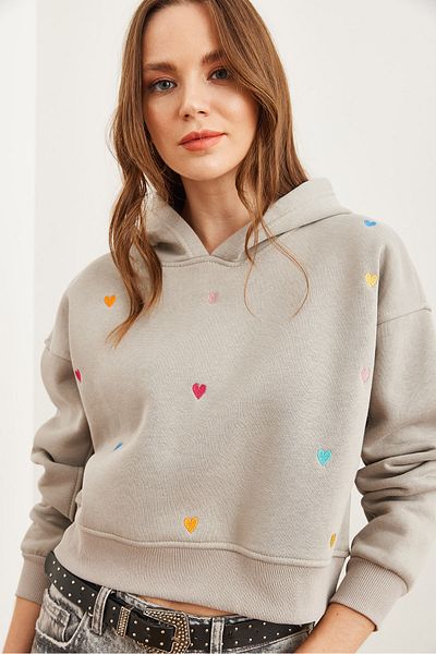 Olalook Yunus Gray Hooded Heart Crop Sweatshirt - Swt- 19000681