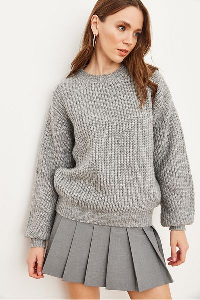 Olalook Women's Gray Thick Knit Raised Balloon Sleeve Knitwear Sweater Kzk- 19000863